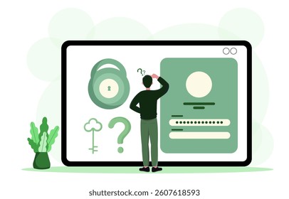 Man confused in front of large digital login screen with padlock, password field, and key symbol, flat graphic style, on white background. Concept of cybersecurity. Vector illustration