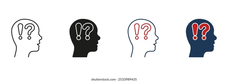 Man Confused Line and Silhouette Icon Set. Human Head with Question Mark, Exclamation Point. Person Face in Profile View Curious and Doubt Pictogram. Editable Stroke. Isolated Vector Illustration.