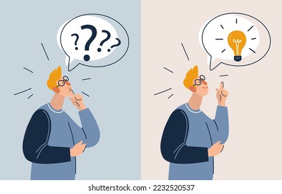 Man confused looking for answers and creating solution. Guy thinking and finding answer.  Innovation and problem solution. Vector illustration.