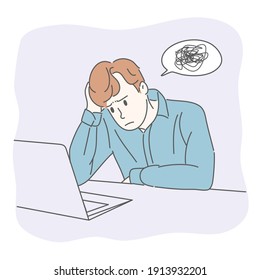 Man with confused and sitting in front of laptop computer. Hand drawn character style.