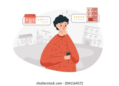 A man confused and thinking about choosing house or apartment for property marketing illustration concept