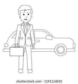 man confused thinking person standing with a briefcase in hand businessman employee worker boy in front of a car
