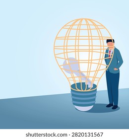The man was confused when he saw the key trapped in the lamp cage. Illustration of unsolved problem and impossible puzzle.