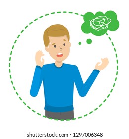Man is in confusion. Hard decision making. Speech bubble above. Vector illustration in cartoon style
