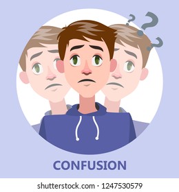 Man in confusion and question mark around. Guy in doubt. Hard choice. Isolated flat vector illustration