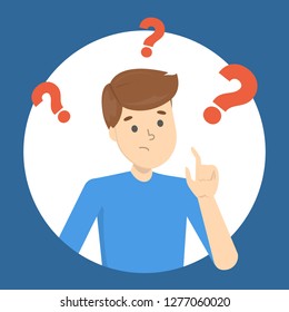 Man in confusion and question mark around. Guy in doubt. Hard choice. Isolated flat vector illustration