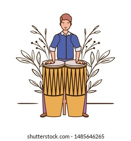 man with congas and branches and leaves in the background
