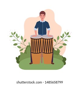 man with congas and branches and leaves in the background