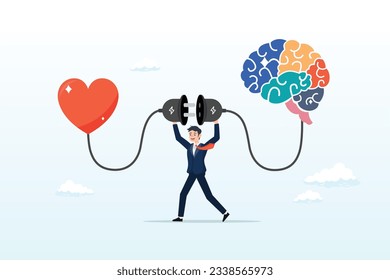 Man connect heart feeling with logical thinking brain, Emotional Intelligence, EI or control feeling and emotion with logical thinking brain, empathy or social skill, self control or balance (Vector)