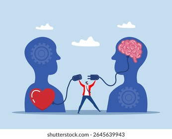 man connect heart feeling with logical thinking brain.Emotional Intelligence, EI or control feeling and emotion with logical thinking brain heart and brain connection,Emotional Intelligence concept