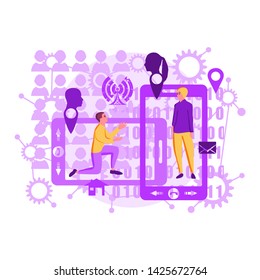 Man connect to woman. Concept for dating or searching for romantic partner on internet. Smartphone silhouettes. Flat cartoon colorful vector illustration