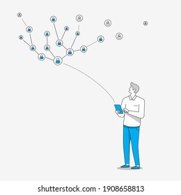 Man connected to social network, finding new contacts. Internet of things concept. Linear style illustration.