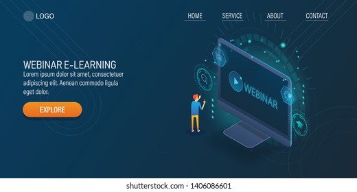 Man connected with webinar, Online event, E-Learning, Online courses, 3D, isometric vector banner with icons and character