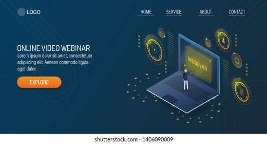 Man Connected With Webinar, Webcast, Virtual Event, Online Video Conceptual Vector 3D, Isometric Banner With Icons And Character