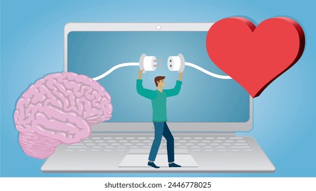 Man connecting brain with heart. Dimension 16:9. Vector illustration.