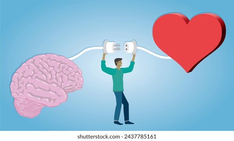 Man connecting brain and heart. Empathy and social skills. Dimension 16:9. Vector illustration.