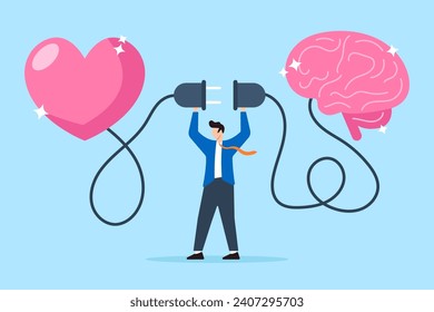 Man connecting heart emotions with human brain in flat design