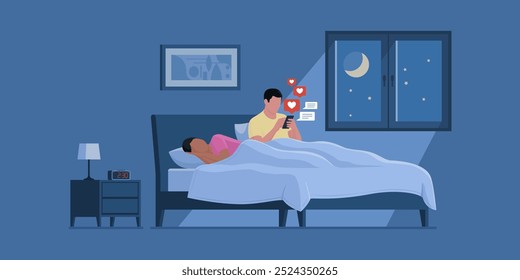 Man connecting on social media at night using his smartphone while his wife is sleeping, internet addiction and relationship problems concept