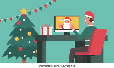 man connecting online and video calling to Santa Claus on a computer on Christmas day and home decorated, flat vector illustration