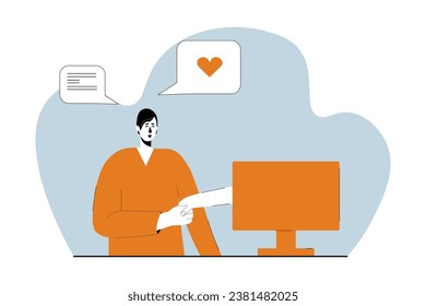 Man connecting with people via internet. A man shakes hands that stretches from a computer monitor. Vector illustration