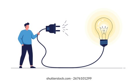 Homem conectando plugue à fonte de energia iluminação lâmpada elétrica simbolizando inovação e ideias