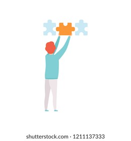 Man connecting puzzle elements, man putting jigsaw puzzles together, back view vector Illustration on a white background