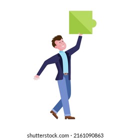 Hombre conectando piezas de rompecabezas ilustración vectorial plana. Trabajo en equipo, celebración, concepto de unidad para banner