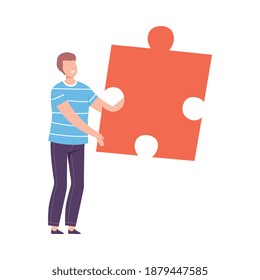 Man Connecting Red Puzzle Element, Guy Holding Big Jigsaw Piece Assembling Abstract Puzzle Cartoon Style Vector Illustration