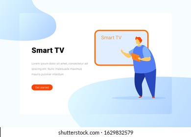 Man connecting Tablet PC to Smart TV Flat vector illustration. Landing Page design template.