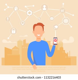 Man connecting using smartphone and exchanging data with a neural network. Vector cartoon illustration of an urban landscape, horizons of urban buildings in the background.