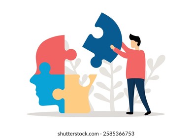 Man connects pieces of a man's head from a puzzle.Vector silhouette head puzzle four pieces, steps, parts. Business infographic concept. Info symbol education, knowledge, psychology, memory