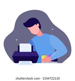 Man connects and sets up a continuous ink system to printer. He checks the correct operation of office equipment and monitors its condition. System administrator profession concept