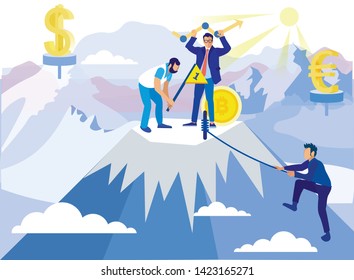 Man Conquers Summit. Teamwork in Buisness. Achive Goal. Overcome Obstacles. Successful Businessman. Broker Helps Man Climb to Top Financial Mountain. Economic Success Businessman. Sign Euro, Dollar