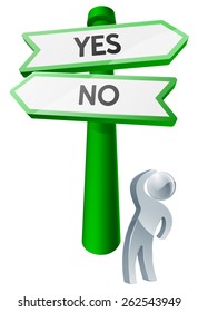 A man considering his options by looking up at a sign reading yes or no