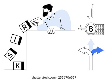 A man considers risk blocks, with a cryptocurrency symbol and decision arrows. Ideal for finance, investment, risk management, cryptocurrency, decision-making. Flat vector style, minimalistic colours