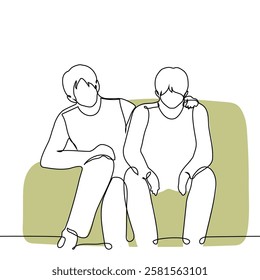 man consoles another man, provides support - one line art vector. Handmade vector not AI