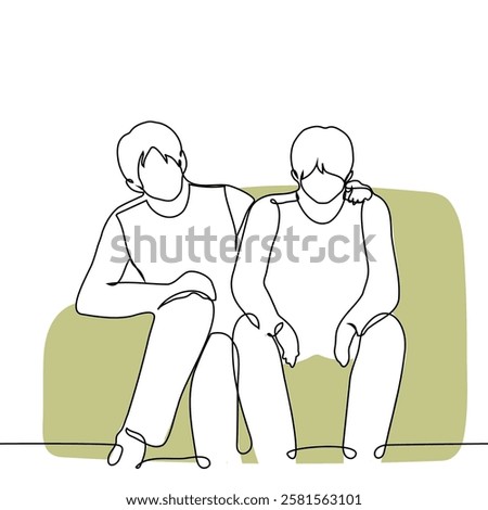 man consoles another man, provides support - one line art vector. Handmade vector not AI