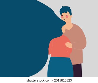 Man consoles or embraces with care and empathy her stressed friend. Father supports or hugs her daughter in a difficult time. Boyfriend calms his girl who needs help. Mental health, depression concept