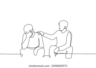 man consoles an upset man sitting next to her - one line art vector. concept man put hand on the shoulder of man who covered eyes with his hand and sits next to him. Hand made vector not AI