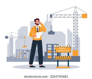 Man at construction concept. Young person with document and plan in his hands is looking at crane near buildings. Architect, foreman and engineer at workplace. Cartoon flat vector illustration