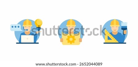 A man in a construction helmet presents repairs and maintenance. The concept of training, design and consultation. A vector set of three repair icons. A set of icons in a flat style for design