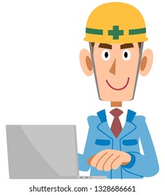 A Man in the construction industry who operate personal computers, blue clothes