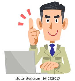 A man in a construction shop explaining points and a laptop