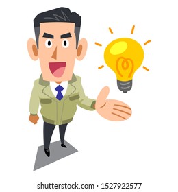 A man in a construction shop introducing an idea
