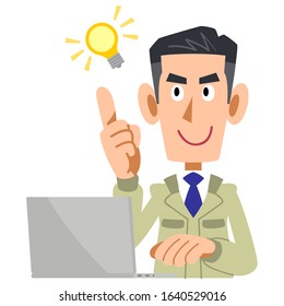 A man in a construction shop and a laptop with an idea