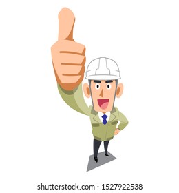 A man in a construction shop wearing a helmet to thumb up