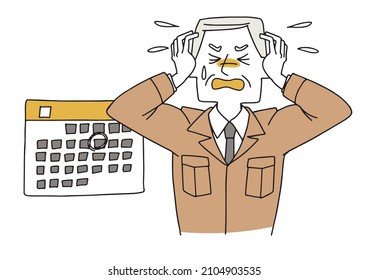  A man in a construction shop who is busy with a schedule, a strong stress state, a vector on a white background, a warm hand-painted person
