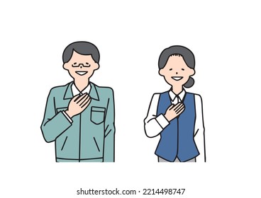 A man at a construction shop and a woman at the reception place their hands on their chests, saying, "Leave it to me."