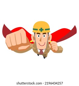 A man at a construction site in beige work clothes flying with a cloak