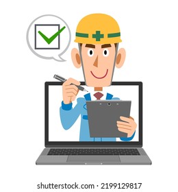 Man at construction site diagnosing online